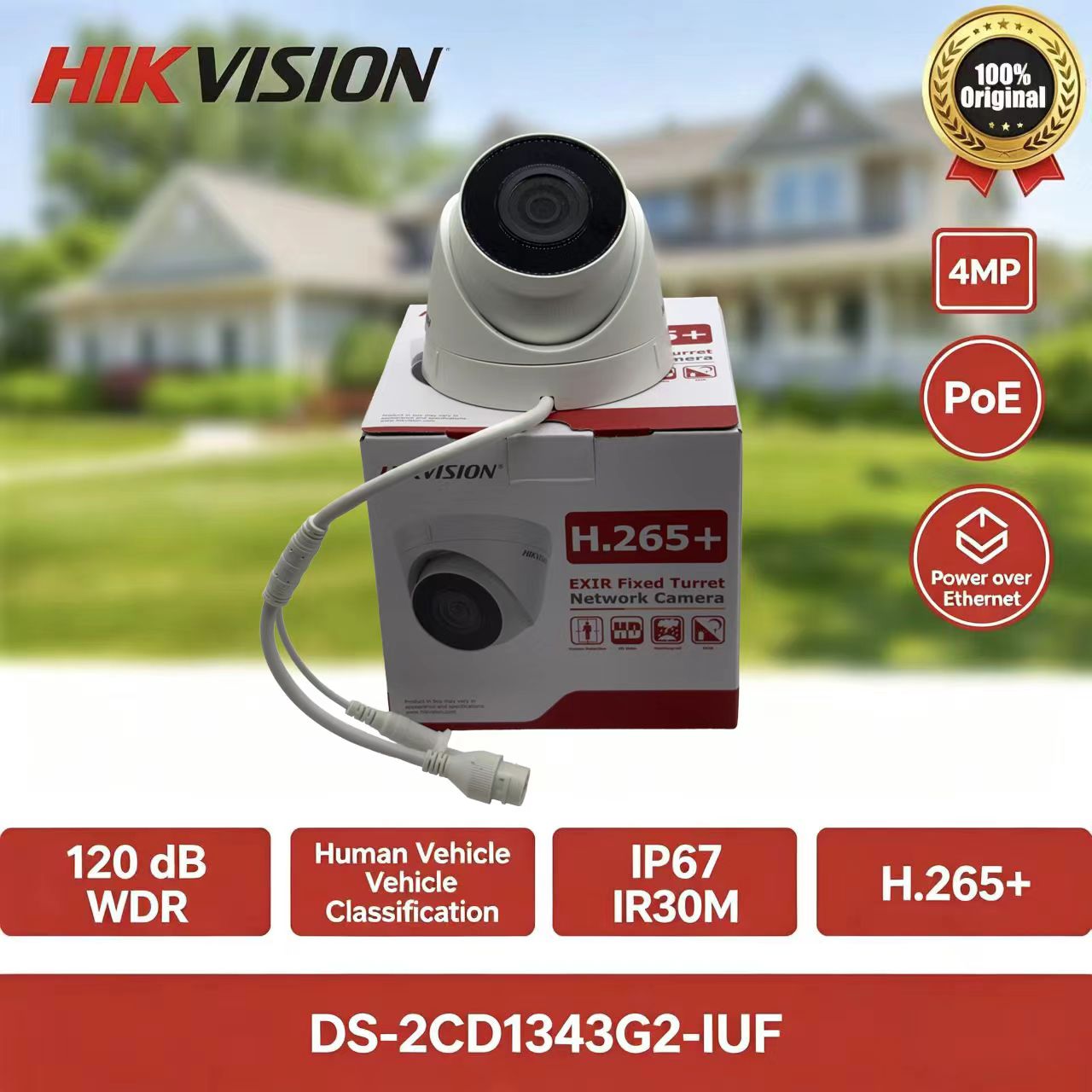 Home Security Hikvision - Hikvision DS-2CD1343G2-IUF 4MP PoE กล้องไอพีแบบทูเร็ต, ระบบมองเห็นกลางคืนแบบ