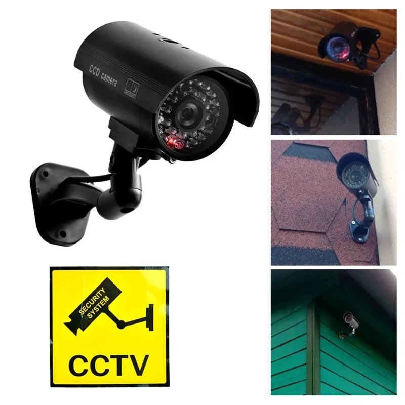 Home Security Brand - กล้องจำลองรูปทรงกระสุน กล้องปลอมสำหรับภายนอกอาคาร พร้อมไฟ LED กันน้ำ มีไฟกระพริบ