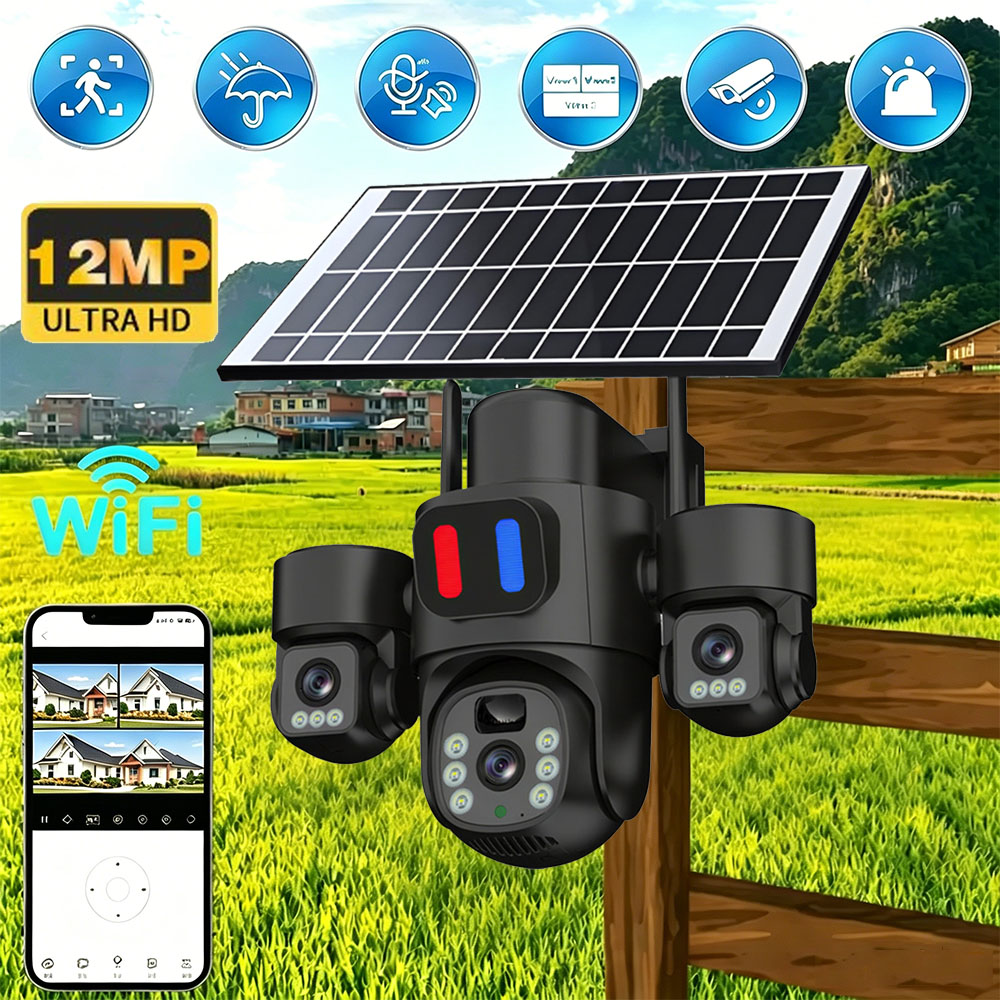 Home Security Brand - กล้องโซลาร์ไวไฟ PTZ สำหรับภายนอกอาคาร เลนส์สามตัว จอแสดงผลสามจอ ตรวจจับความเคลื่อนไหว