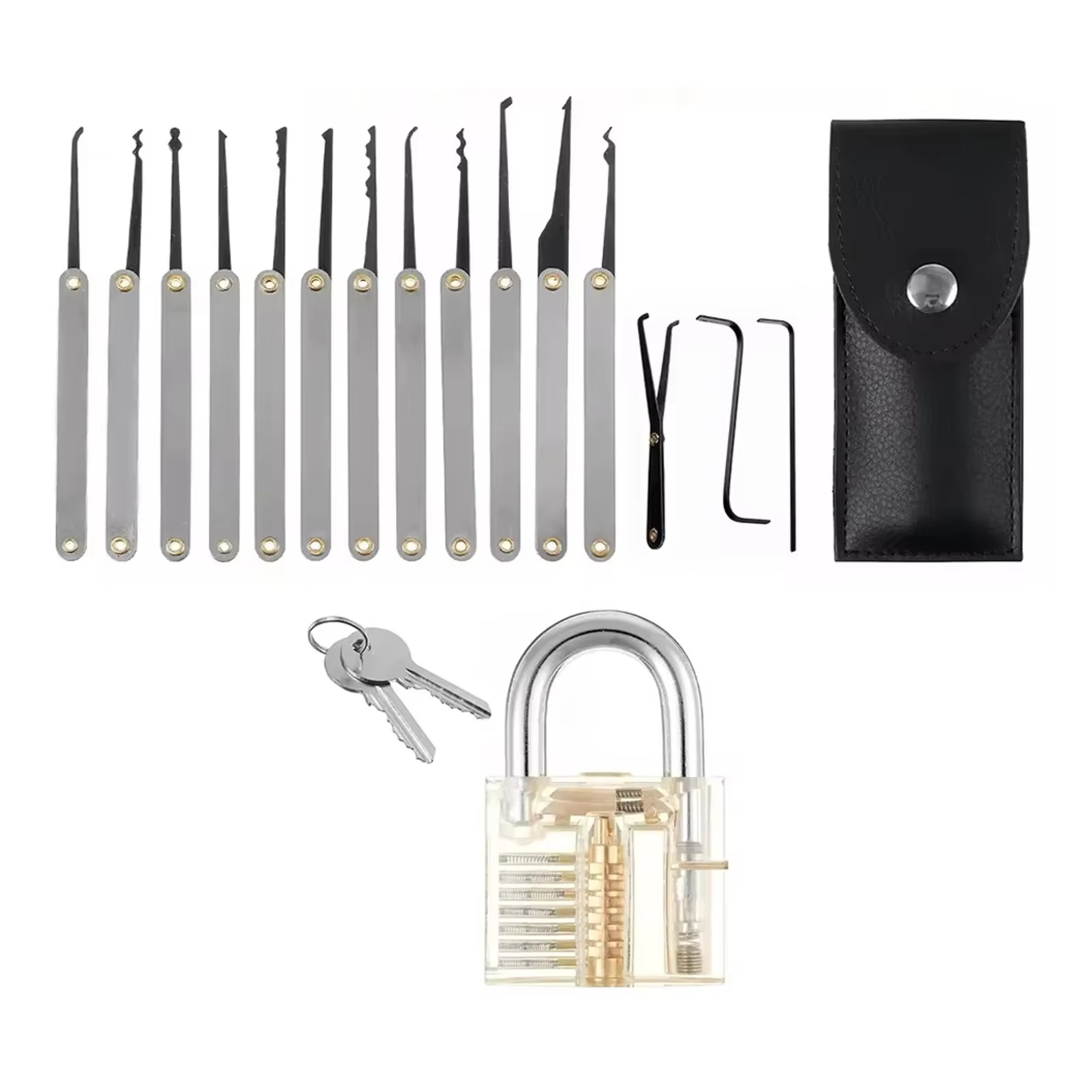 Lock Picking Set - ชุดเครื่องมืออเนกประสงค์ 15 ชิ้น ชุดปลดล็อครถยนต์แบบพกพา ชุดอุปกรณ์เปิดล็อคแบบมืออาชีพ ชุดเครื่องมือถอดกุญแจ
